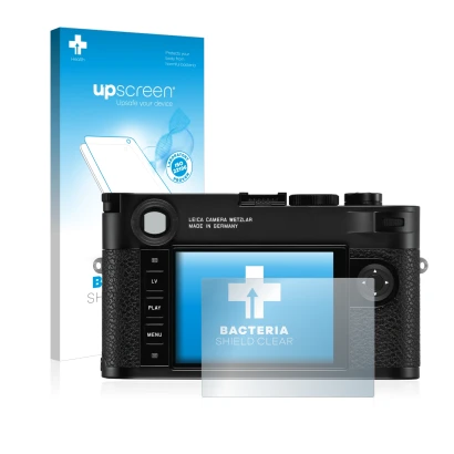 Front side of a product packaging with the brand logo upscreen. Next to it is the device Leica M10 shown with the correspondin