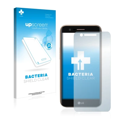 Front side of a product packaging with the brand logo upscreen. Next to it is the device LG K10 2017 shown with the correspond