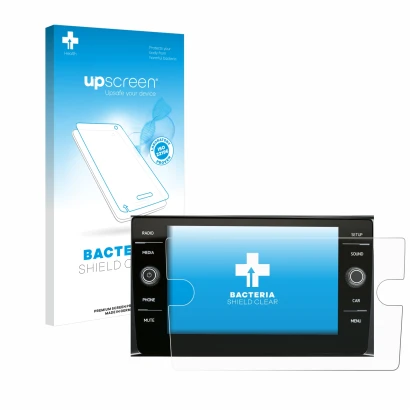 Front side of a product packaging with the brand logo upscreen. Next to it is the device Volkswagen Composition Media 2017 sho