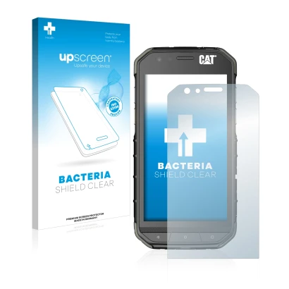 Front side of a product packaging with the brand logo upscreen. Next to it is the device Caterpillar Cat S31 shown with the co