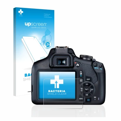 Front side of a product packaging with the brand logo upscreen. Next to it is the device Canon EOS 2000D shown with the corres