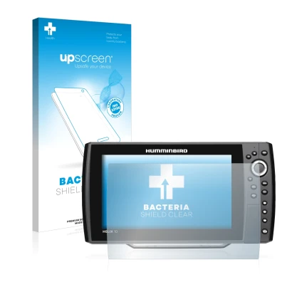 Front side of a product packaging with the brand logo upscreen. Next to it is the device Humminbird Helix 10 shown with the co