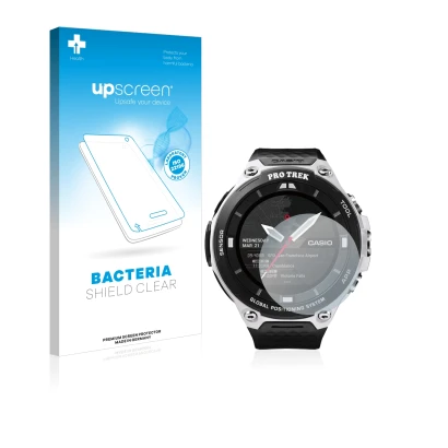 Front side of a product packaging with the brand logo upscreen. Next to it is the device Casio Pro Trek Smart WSD-F20 shown wi