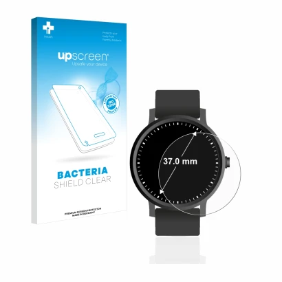 Front side of a product packaging with the brand logo upscreen. Next to it is the device Circular Displays (ø: 37 mm) shown wi