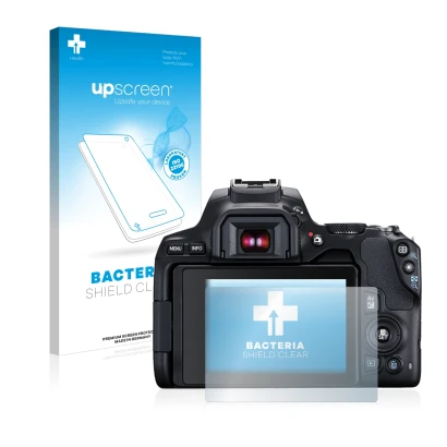 Front side of a product packaging with the brand logo upscreen. Next to it is the device Canon EOS 250D shown with the corresp