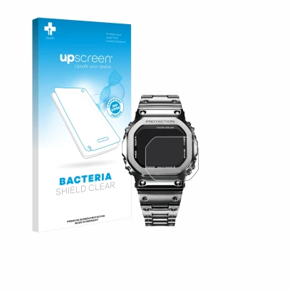 Front side of a product packaging with the brand logo upscreen. Next to it is the device Casio G-Shock GMW-B5000D-1ER shown wi