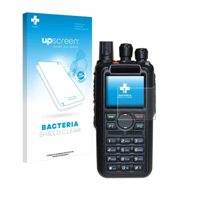 Front side of a product packaging with the brand logo upscreen. Next to it is the device AnyTone AT-D878UV Plus shown with the