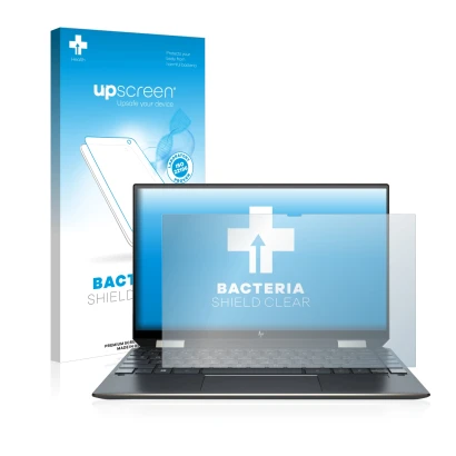 Front side of a product packaging with the brand logo upscreen. Next to it is the device HP Spectre x360 13-aw0000ns shown wit