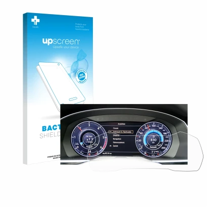 Front side of a product packaging with the brand logo upscreen. Next to it is the device Volkswagen Passat Active Info Cockpit