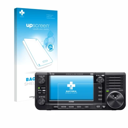 Front side of a product packaging with the brand logo upscreen. Next to it is the device Icom IC-705 shown with the correspond