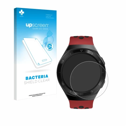 Front side of a product packaging with the brand logo upscreen. Next to it is the device Huawei Watch GT 2e shown with the cor