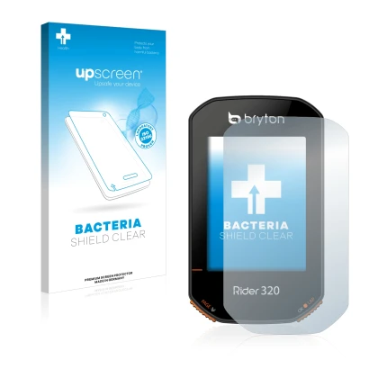 Front side of a product packaging with the brand logo upscreen. Next to it is the device Bryton Rider 320 shown with the corre
