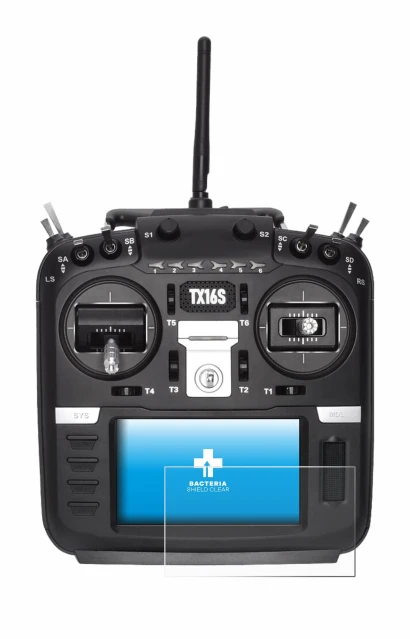 Image of the device Radiomaster TX16S with a wide variety of screen protectors.