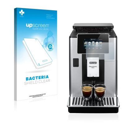 Front side of a product packaging with the brand logo upscreen. Next to it is the device DeLonghi PrimaDonna Soul ECAM610.74.M