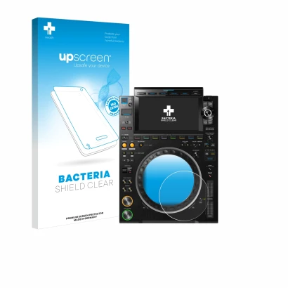 Front side of a product packaging with the brand logo upscreen. Next to it is the device Pioneer CDJ 3000 (circle) shown with