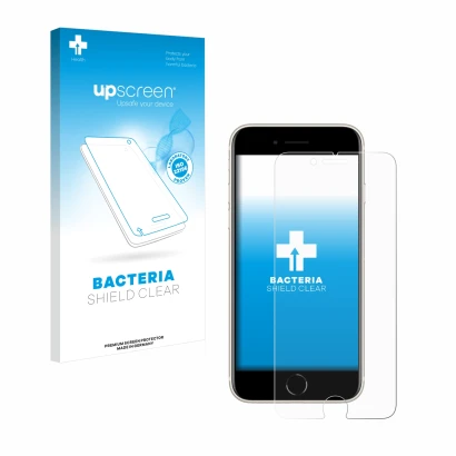 Front side of a product packaging with the brand logo upscreen. Next to it is the device Apple iPhone SE 3 2022 shown with the