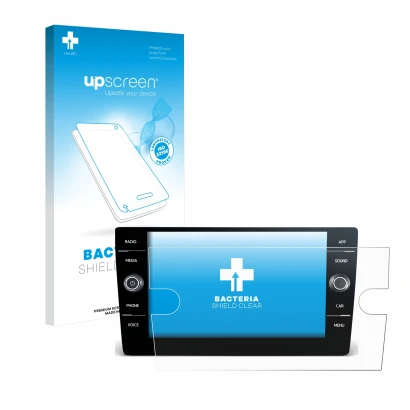 Front side of a product packaging with the brand logo upscreen. Next to it is the device Volkswagen T6 2021 Discover Media 8" 