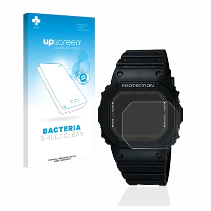 Front side of a product packaging with the brand logo upscreen. Next to it is the device Casio G-Shock GW-5000-1JF shown with