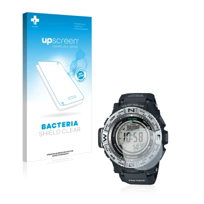 Front side of a product packaging with the brand logo upscreen. Next to it is the device Casio Pro Trek PRW-3500-1 shown with 