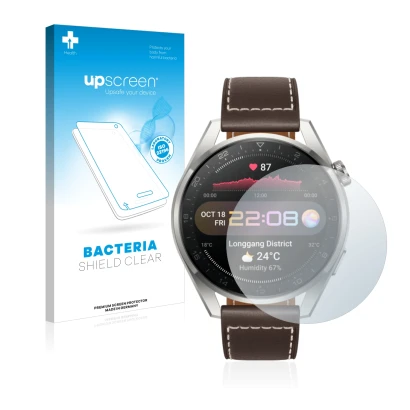 Front side of a product packaging with the brand logo upscreen. Next to it is the device Huawei Watch 3 Pro shown with the cor