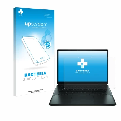 Front side of a product packaging with the brand logo upscreen. Next to it is the device HP Spectre x360 16" 2-in-1 2021 shown