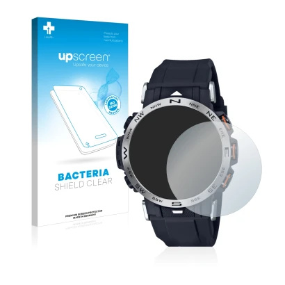 Front side of a product packaging with the brand logo upscreen. Next to it is the device Casio Pro Trek PRW-30-1AER shown with