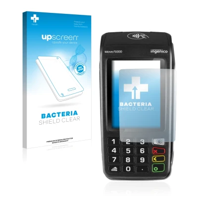 Front side of a product packaging with the brand logo upscreen. Next to it is the device ingenico Move 5000 shown with the cor