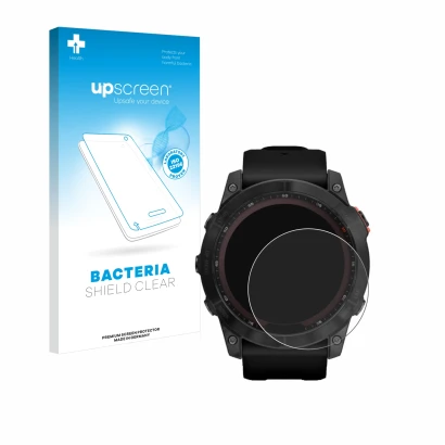 Front side of a product packaging with the brand logo upscreen. Next to it is the device Garmin Fenix 7X (51 mm) shown with th