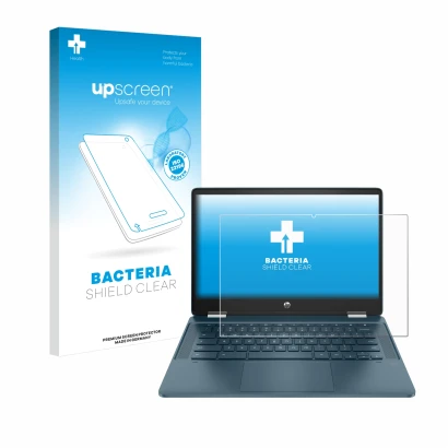 Front side of a product packaging with the brand logo upscreen. Next to it is the device HP Chromebook x360 (14b-cbX) shown wi