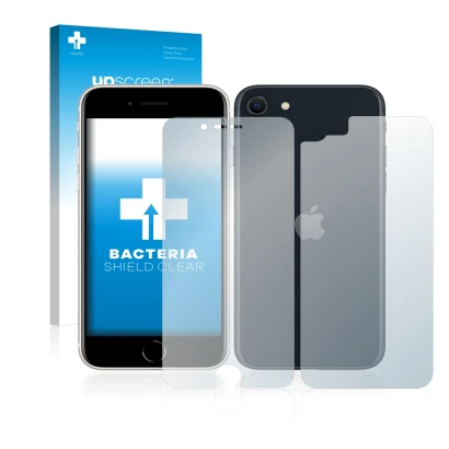 Front side of a product packaging with the brand logo upscreen. Next to it is the device Apple iPhone SE 3 2022 (Front+Back) s