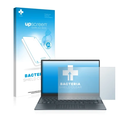 Front side of a product packaging with the brand logo upscreen. Next to it is the device ASUS ZenBook 13 OLED shown with the c