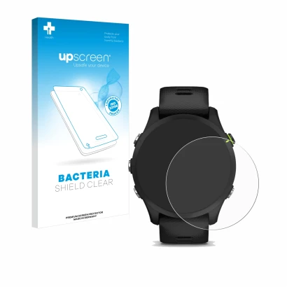 Front side of a product packaging with the brand logo upscreen. Next to it is the device Garmin Forerunner 255 shown with the