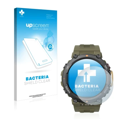 Front side of a product packaging with the brand logo upscreen. Next to it is the device Huami Amazfit T-Rex 2 shown with the 