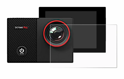 Image of the device Akaso EK7000 Pro with a wide variety of screen protectors.