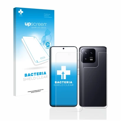 Front side of a product packaging with the brand logo upscreen. Next to it is the device Xiaomi 13 (Front+Back) shown with the