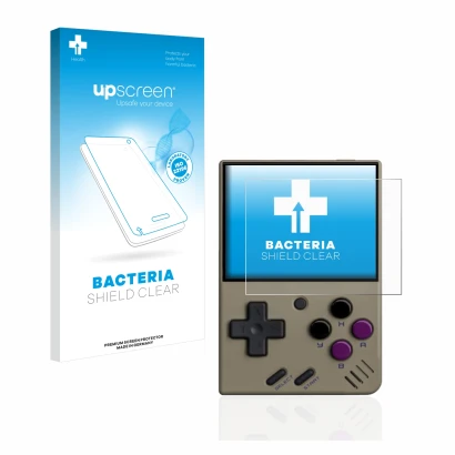 Front side of a product packaging with the brand logo upscreen. Next to it is the device Miyoo Mini V2 shown with the correspo