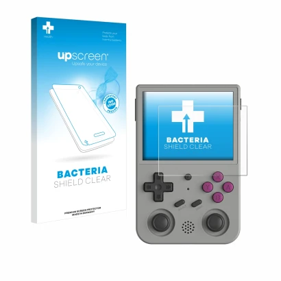 Front side of a product packaging with the brand logo upscreen. Next to it is the device Anbernic RG353V shown with the corres