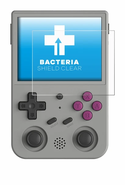 Image of the device Anbernic RG353V with a wide variety of screen protectors.
