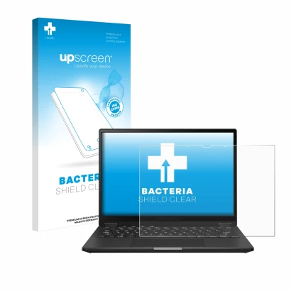 Front side of a product packaging with the brand logo upscreen. Next to it is the device ASUS ROG Flow X13 2023 shown with the