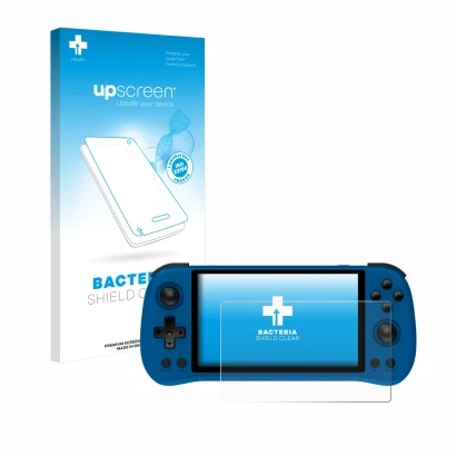 Front side of a product packaging with the brand logo upscreen. Next to it is the device Powkiddy X55 shown with the correspon
