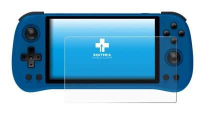 Image of the device Powkiddy X55 with a wide variety of screen protectors.