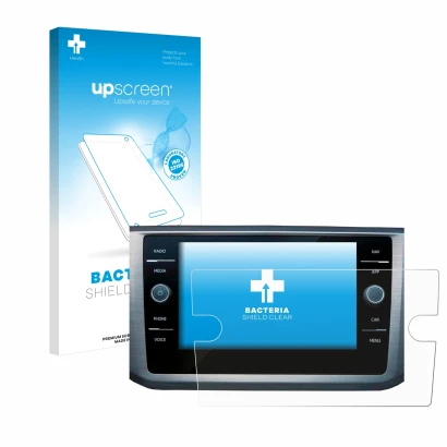 Front side of a product packaging with the brand logo upscreen. Next to it is the device Volkswagen Passat B8 Discover Media 8