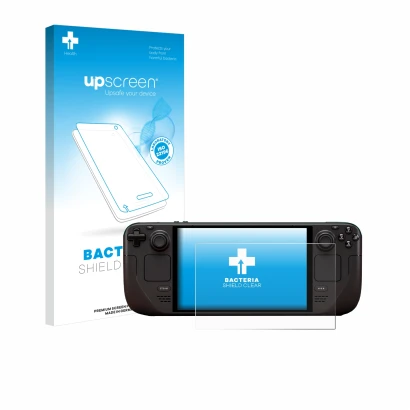 Front side of a product packaging with the brand logo upscreen. Next to it is the device Valve Steam Deck OLED shown with the 