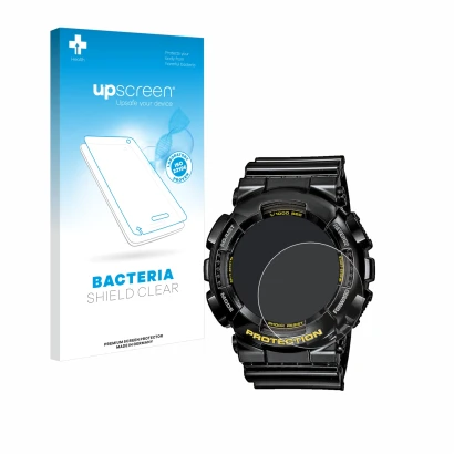 Front side of a product packaging with the brand logo upscreen. Next to it is the device Casio G-Shock GA-110GB-1A shown with 