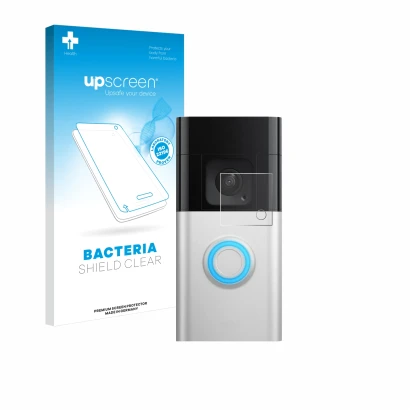 Front side of a product packaging with the brand logo upscreen. Next to it is the device Ring Video Doorbell Plus shown with t