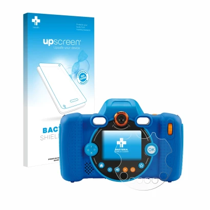 Front side of a product packaging with the brand logo upscreen. Next to it is the device Vtech Kidizoom Duo FX shown with the