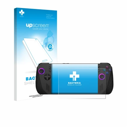 Front side of a product packaging with the brand logo upscreen. Next to it is the device ASUS ROG Ally X (2024) shown with the