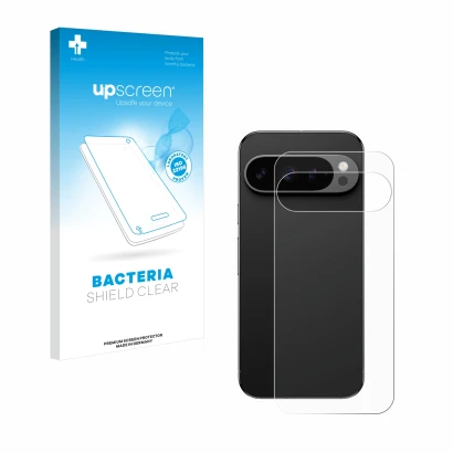 Front side of a product packaging with the brand logo upscreen. Next to it is the device Google Pixel 9 Pro (Back) shown with 