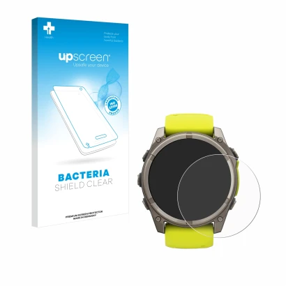 Front side of a product packaging with the brand logo upscreen. Next to it is the device Garmin Fenix 8 Solar (51 mm) shown wi