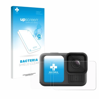 Front side of a product packaging with the brand logo upscreen. Next to it is the device GoPro Hero 13 Black shown with the co